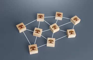 Blocks of networked commercial stores or shops. Franchising concept. Business franchise empire. Area coverage availability system. Logistics and supply. Commercial association. Retail network.