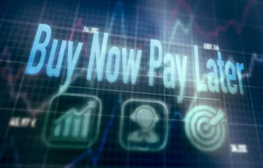 Futuristic dot matrix display with a Buy Now Pay Later concept written on it.