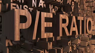 P/E ratio, price to earnings ratio 3D title for stock market