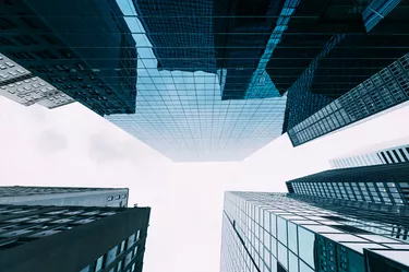 Directly below view of modern office buildings in Manhattan Fincancial District, New York, USA