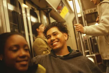 Group of teenagers (16-17) on underground train